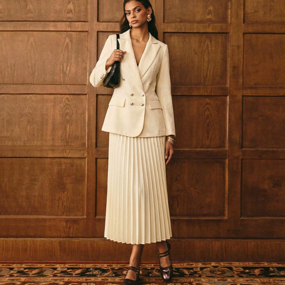 H&M Ruihou Womens Fall Winter Chic Coat Pleated Skirt Set